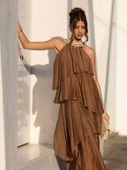 Vestido Midi Fluido com Gola com aplicações