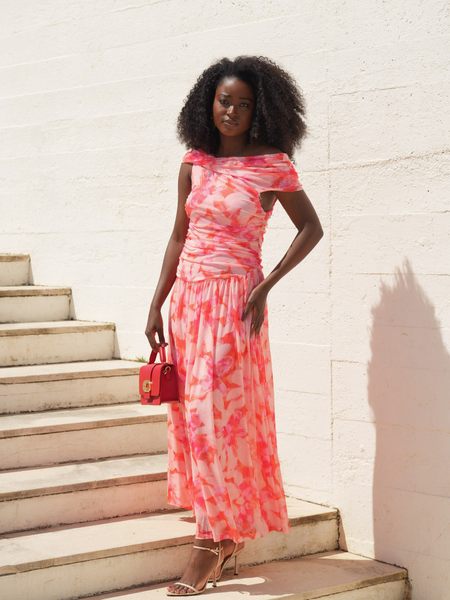 Vestido Midi Floral Drapeado