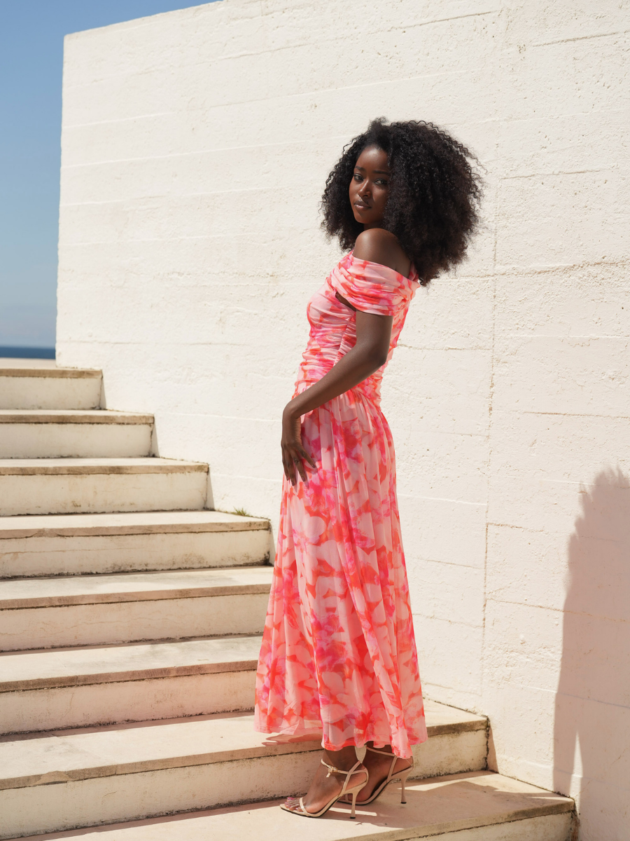 Vestido Midi Floral Drapeado