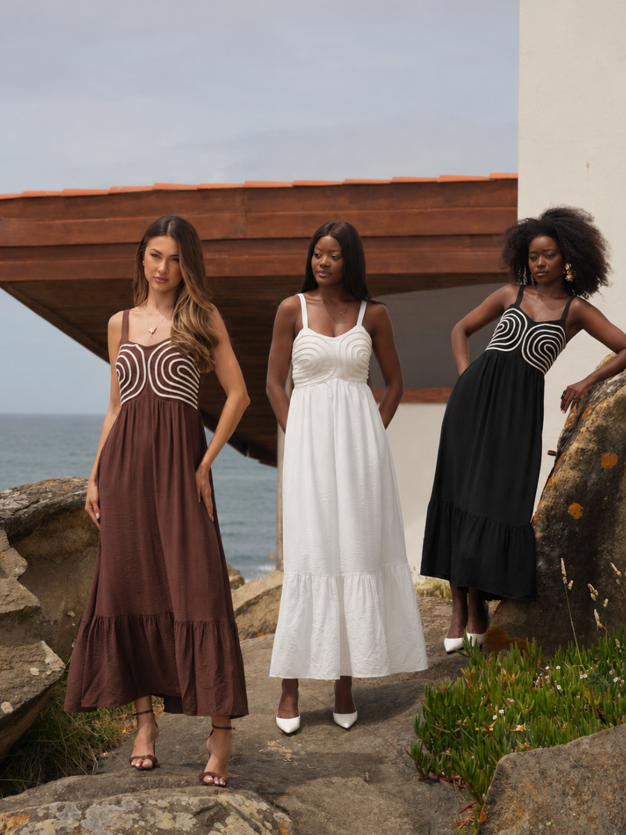 Vestido midi com bordado geométrico