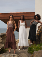 Vestido midi com bordado geométrico