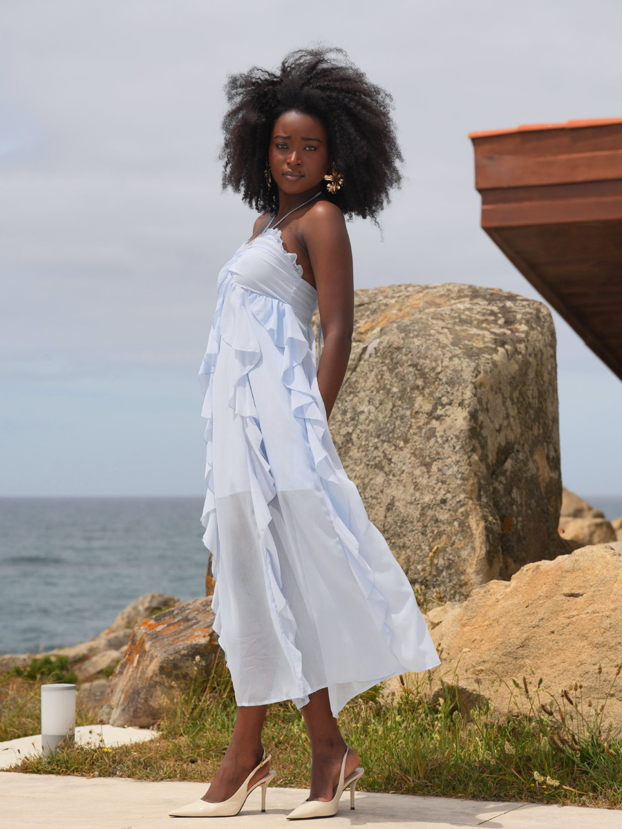 Vestido Midi Fluido com Folhos