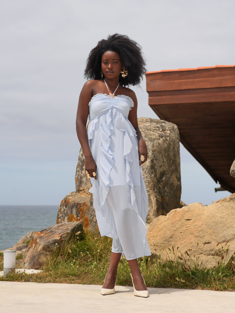 Vestido Midi Fluido com Folhos