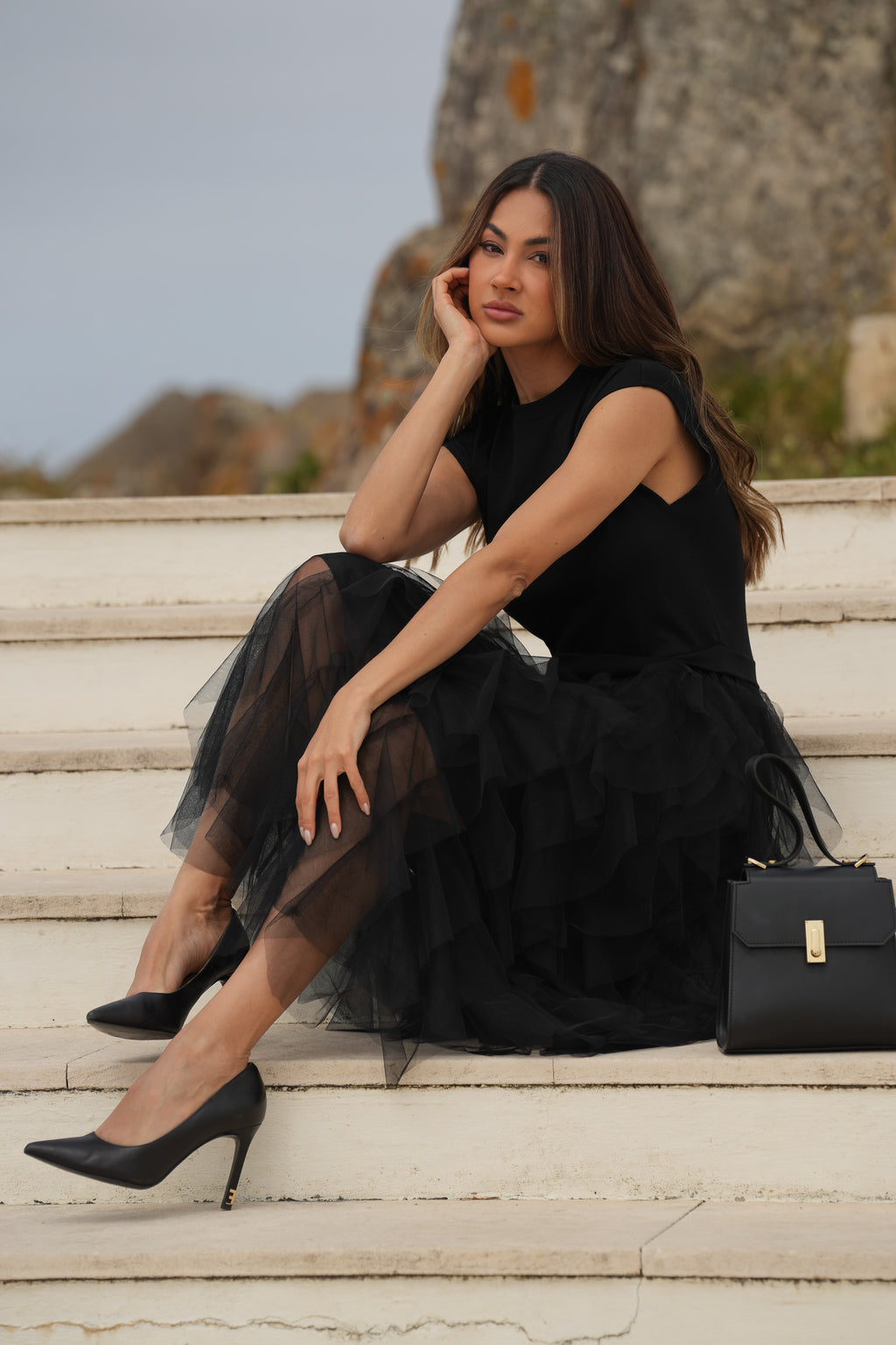 Vestido Midi com Saia em Tule